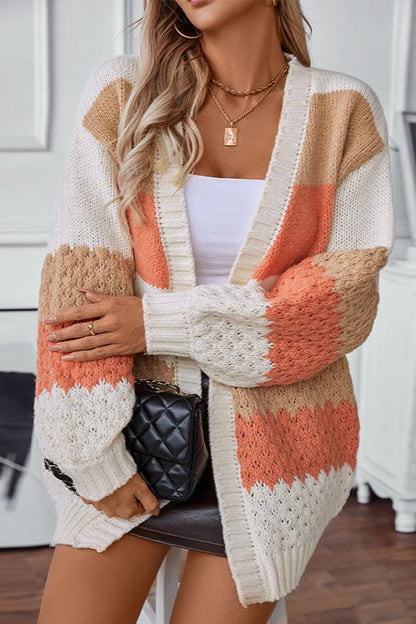 Oversized Color Block Knit Cardigan – Open Front Striped Long Sleeve