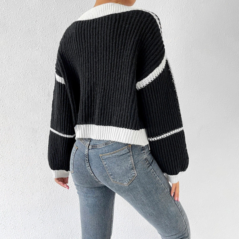 Cropped Knit Cardigan – Color Block Balloon Sleeve Open Front