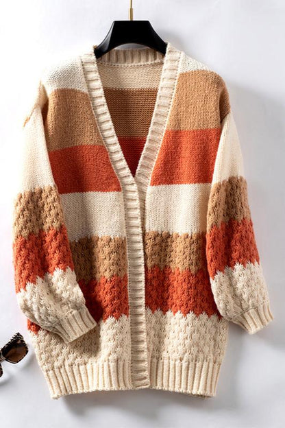 Oversized Color Block Knit Cardigan – Open Front Striped Long Sleeve