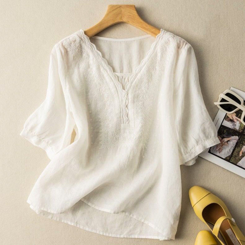 Cotton Linen Embroidered Blouse – V-Neck Scallop Half Sleeve Top