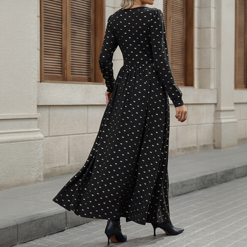 Long Sleeve Lace V-Neck Maxi Dress – Printed Wrap-Style A-Line