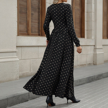 Long Sleeve Lace V-Neck Maxi Dress – Printed Wrap-Style A-Line
