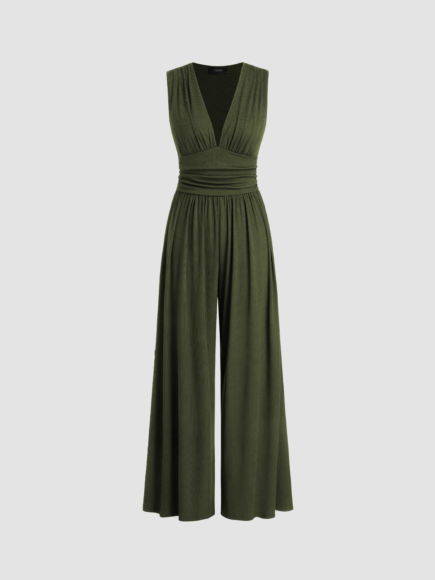 Wide-Leg V-Neck Jumpsuit – Sleeveless Ruched Waist Full Length