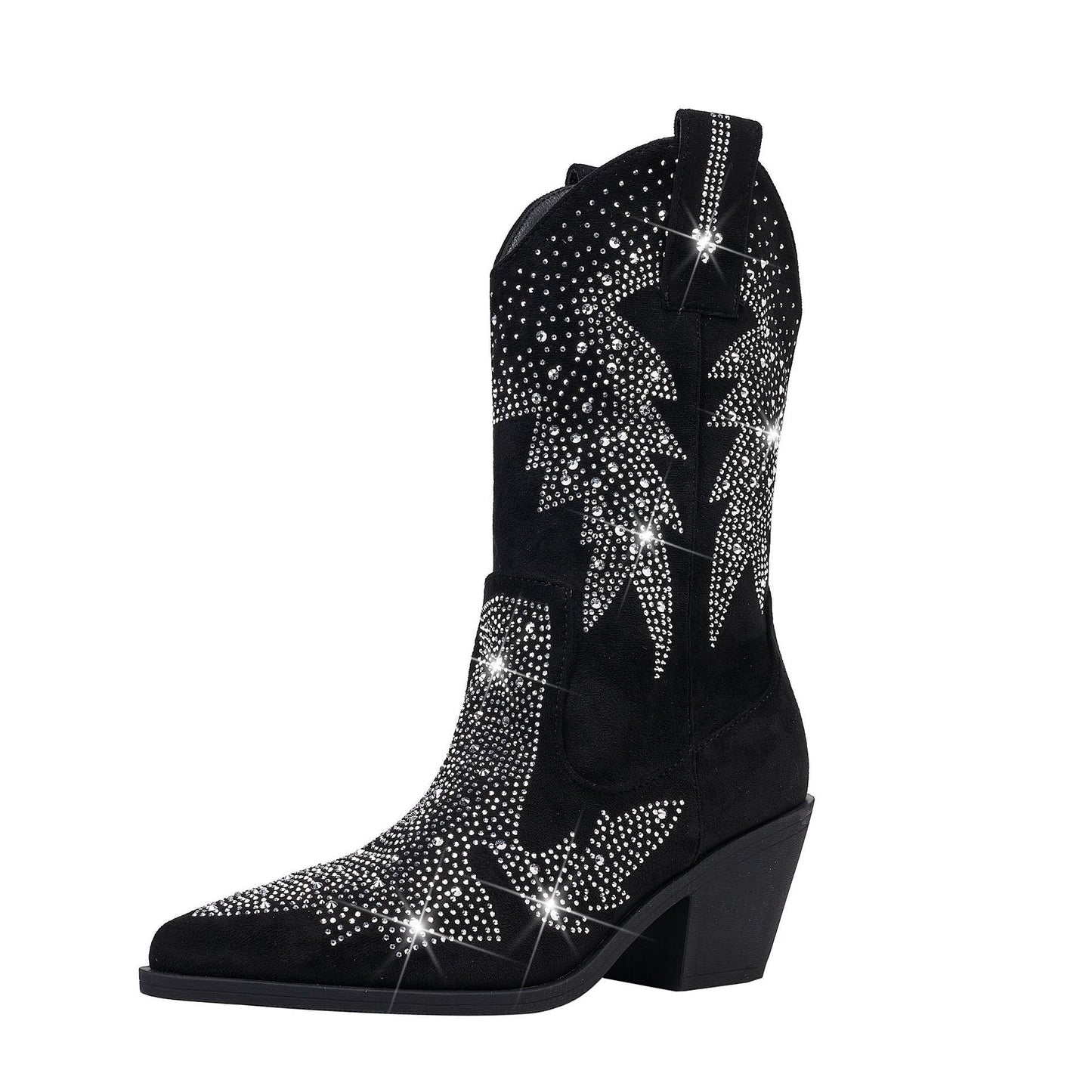 Rhinestone Cowboy Boots Women – Black Faux Suede Mid Calf Block Heel