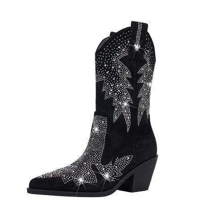 Rhinestone Cowboy Boots Women – Black Faux Suede Mid Calf Block Heel