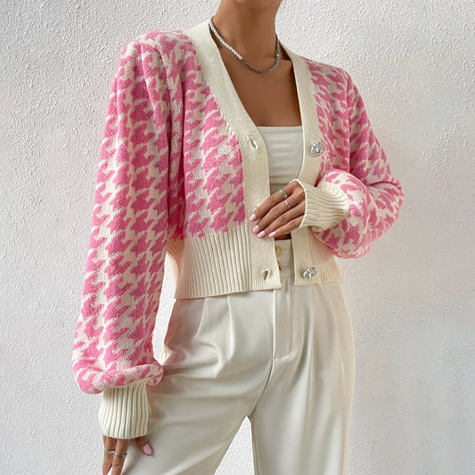 Houndstooth Cropped Cardigan – V-Neck Balloon Sleeve Knit