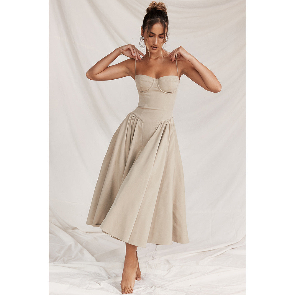 Corset Midi Dress – Fit and Flare Spaghetti Strap A-Line