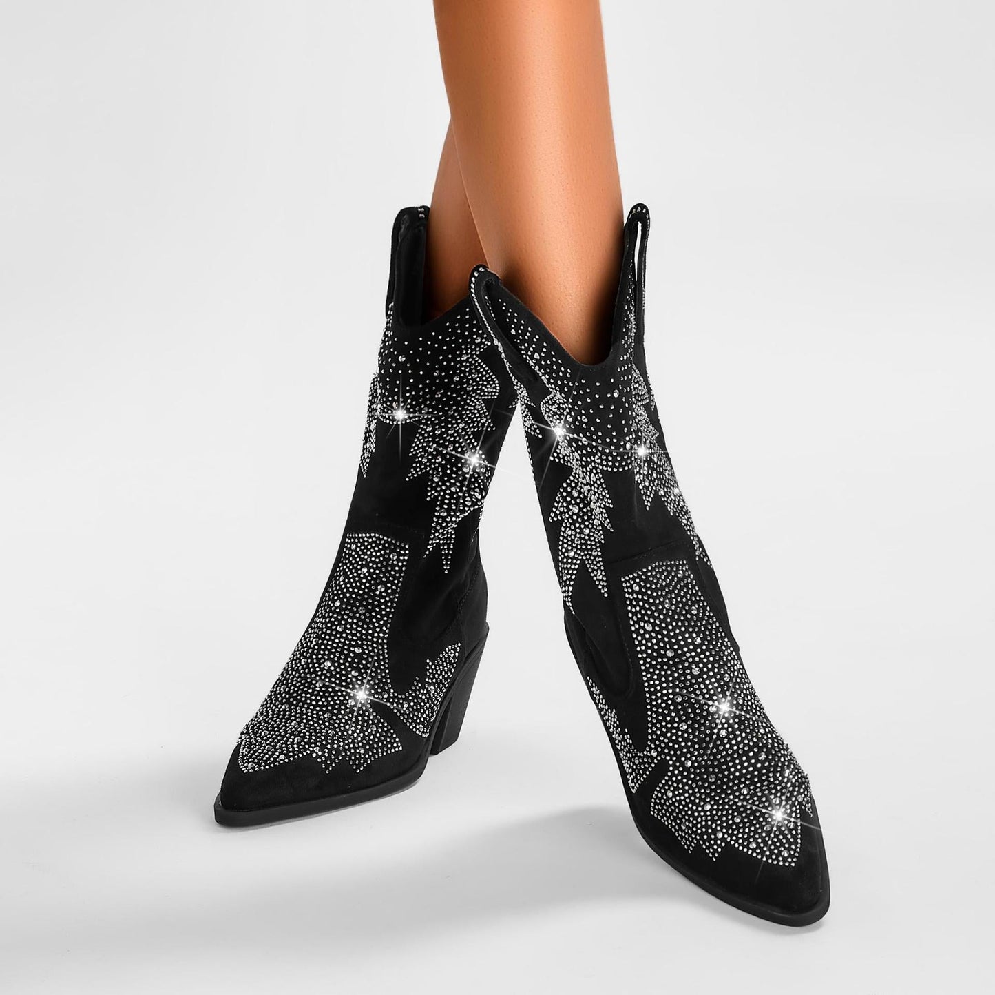 Rhinestone Cowboy Boots Women – Black Faux Suede Mid Calf Block Heel