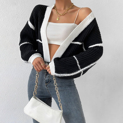 Cropped Knit Cardigan – Color Block Balloon Sleeve Open Front