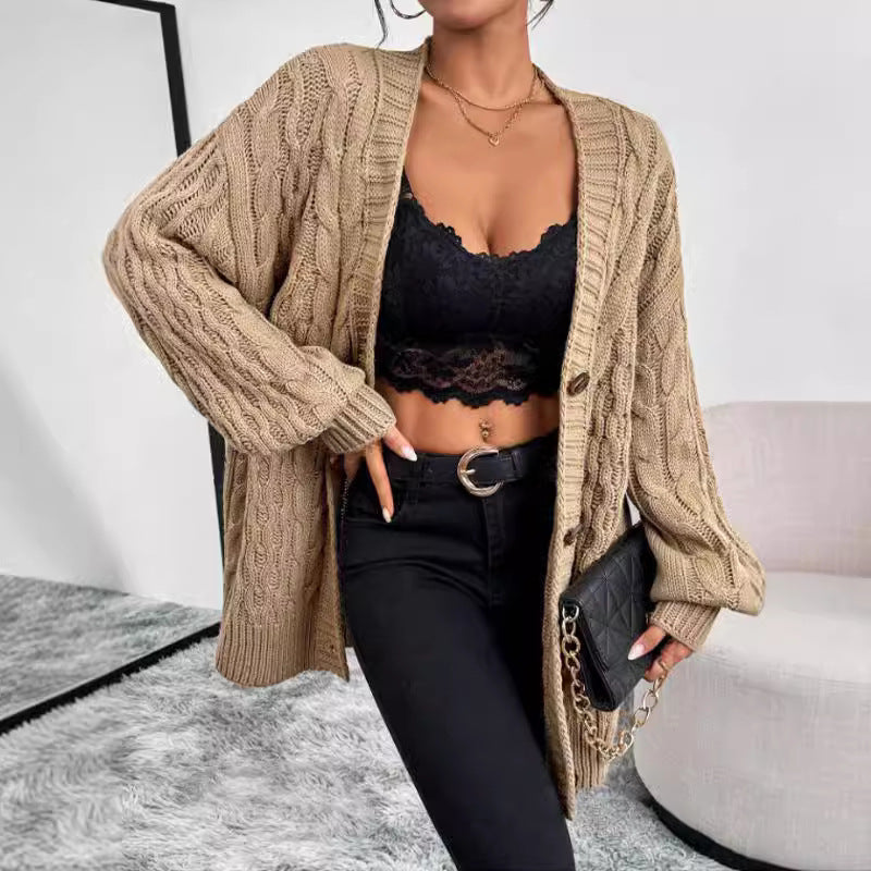 Oversized Cable Knit Cardigan – Button-Front V-Neck Long Sleeve