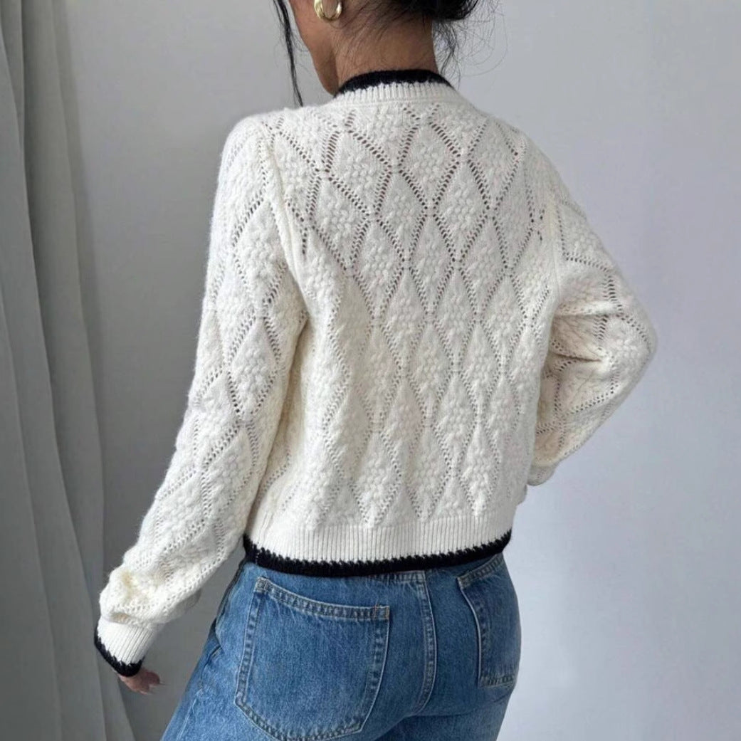 Cropped Knit Cardigan – V-Neck Bow Front Contrast Trim