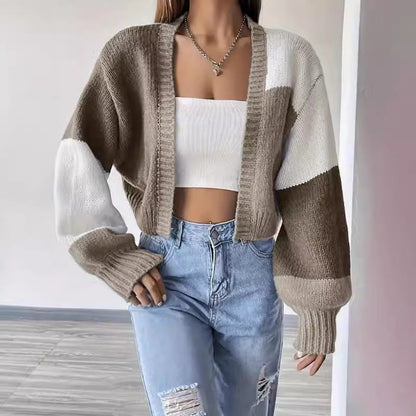 Color Block Cropped Cardigan – Open Front Balloon Sleeve Knit