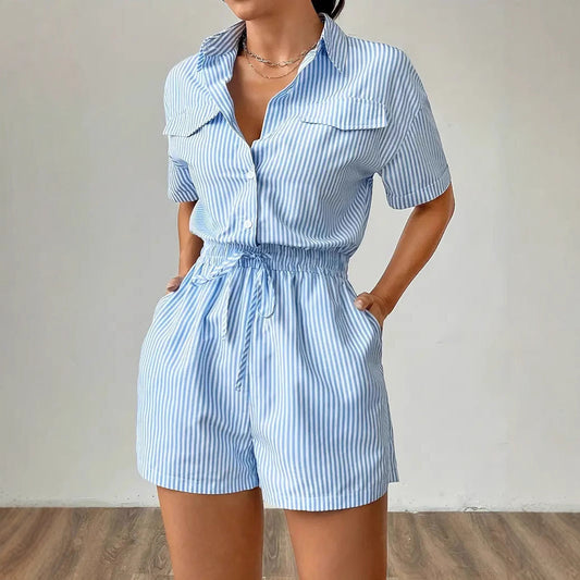 Striped Button-Front Short Sleeve Romper – Drawstring Waist Summer Playsuit