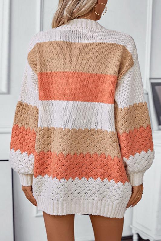 Oversized Color Block Knit Cardigan – Open Front Striped Long Sleeve