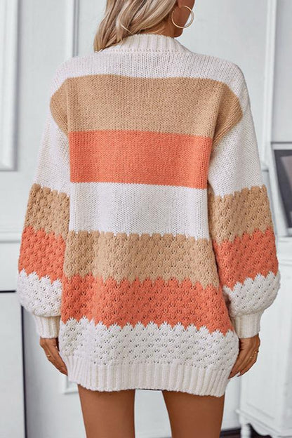 Oversized Color Block Knit Cardigan – Open Front Striped Long Sleeve