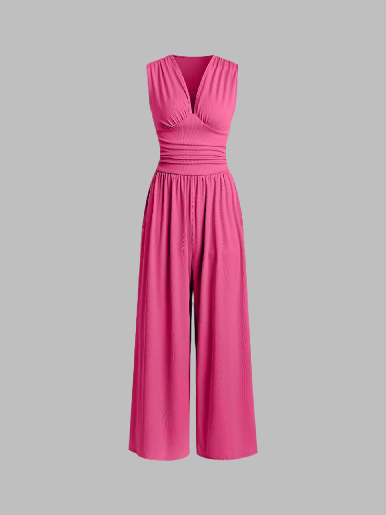 Wide-Leg V-Neck Jumpsuit – Sleeveless Ruched Waist Full Length