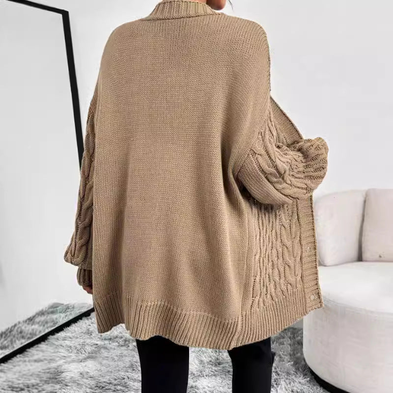 Oversized Cable Knit Cardigan – Button-Front V-Neck Long Sleeve