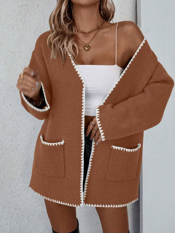 Open Front Knit Cardigan – Contrast Trim Long Sleeve with Pockets