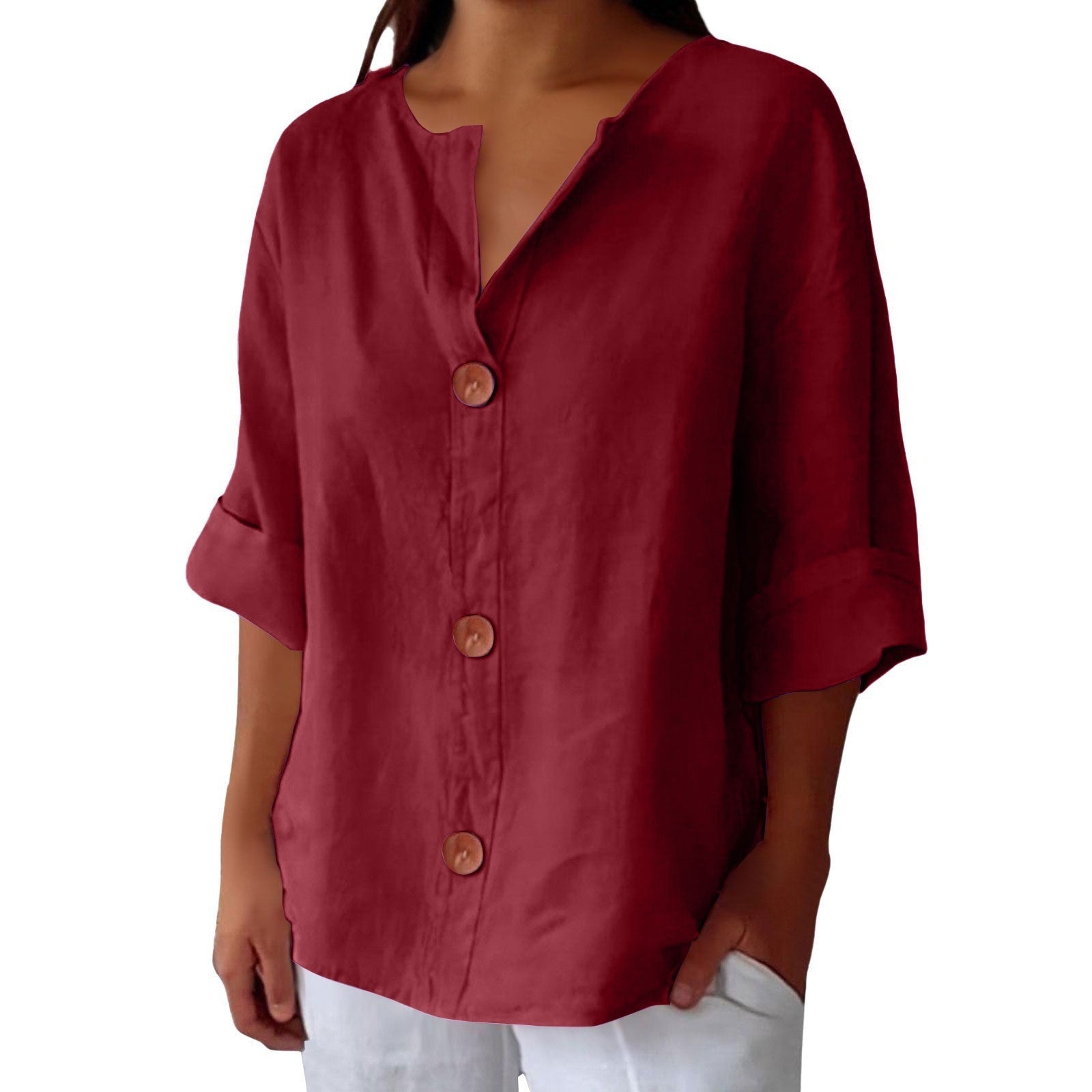 Linen Cotton Button-Front Blouse – V-Neck Relaxed Fit
