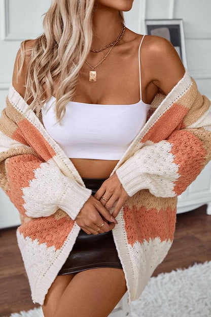 Oversized Color Block Knit Cardigan – Open Front Striped Long Sleeve