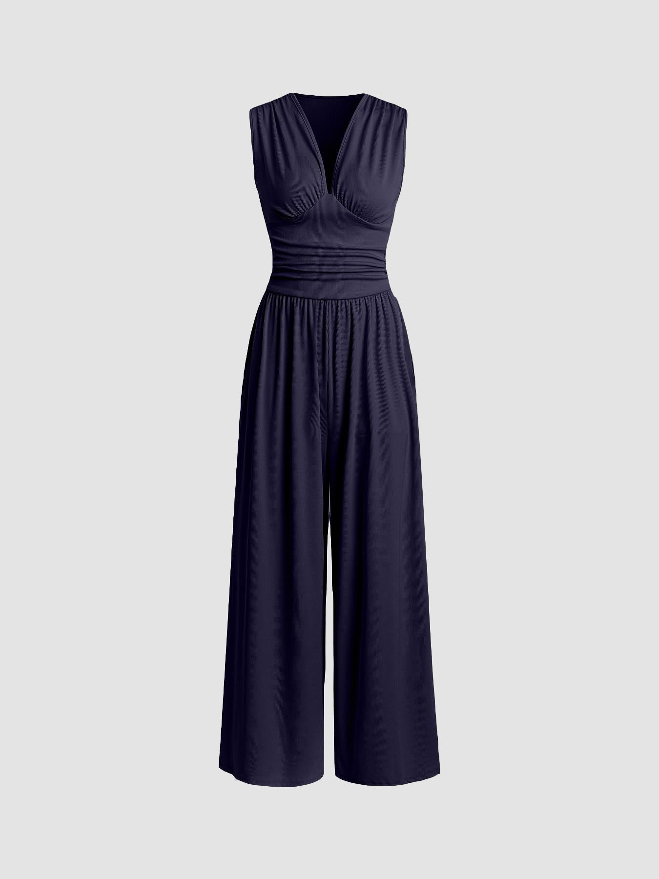 Wide-Leg V-Neck Jumpsuit – Sleeveless Ruched Waist Full Length