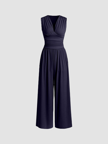 Wide-Leg V-Neck Jumpsuit – Sleeveless Ruched Waist Full Length