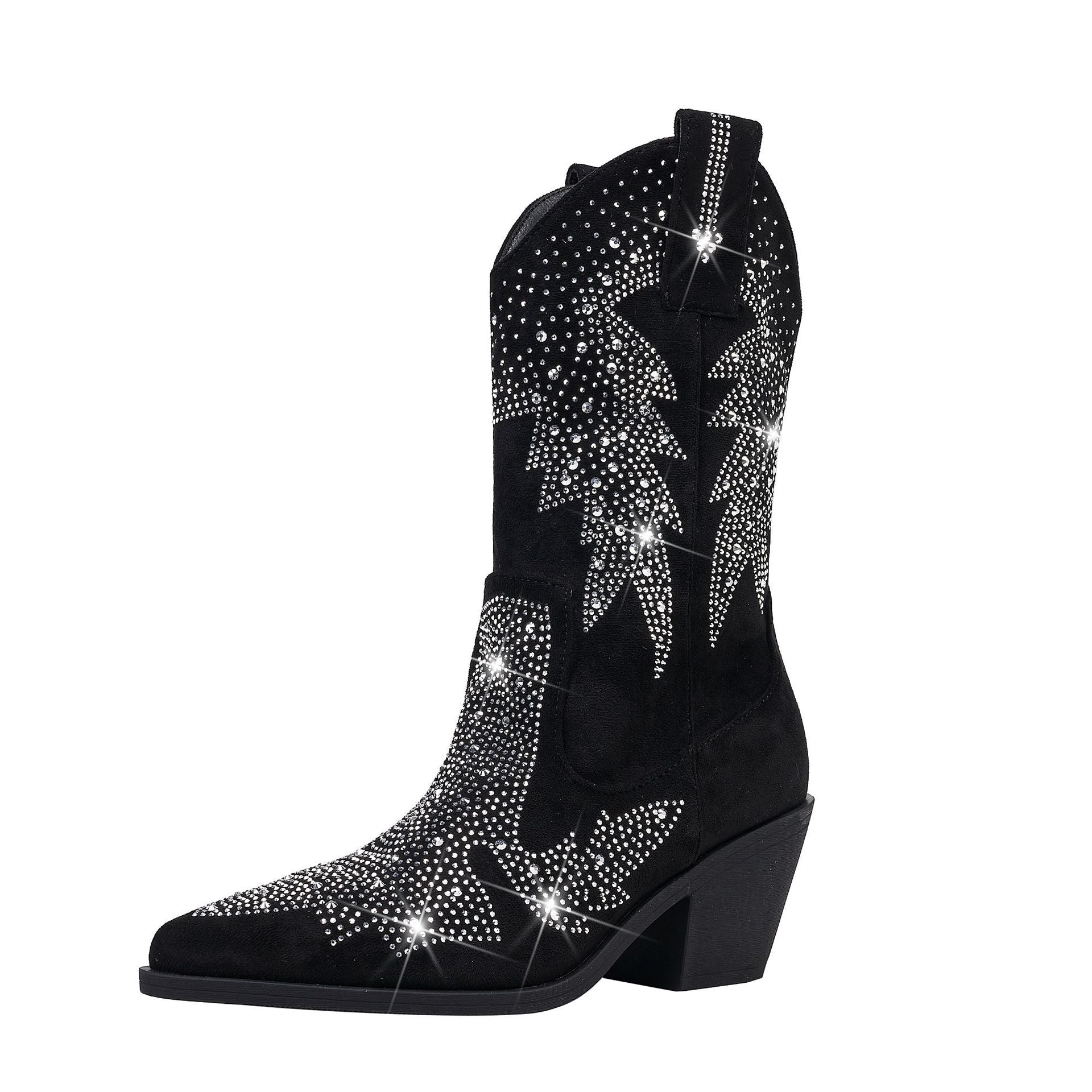 Rhinestone Cowboy Boots Women – Black Faux Suede Mid Calf Block Heel