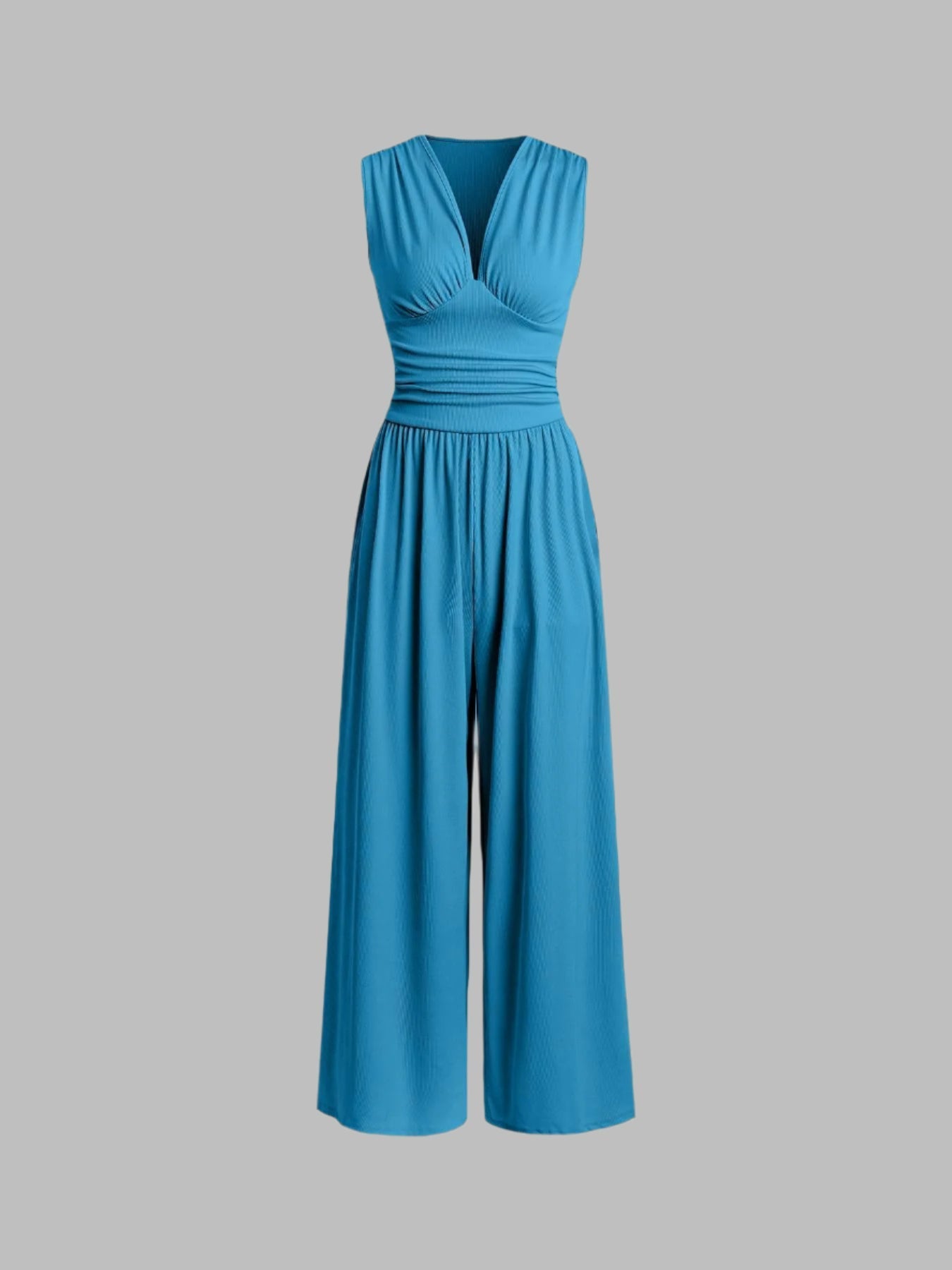 Wide-Leg V-Neck Jumpsuit – Sleeveless Ruched Waist Full Length