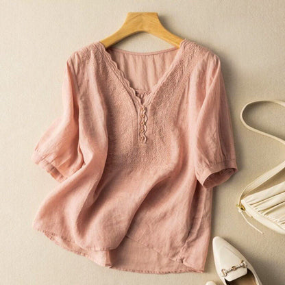 Cotton Linen Embroidered Blouse – V-Neck Scallop Half Sleeve Top