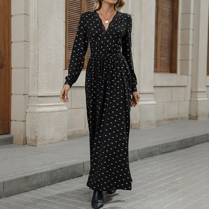 Long Sleeve Lace V-Neck Maxi Dress – Printed Wrap-Style A-Line