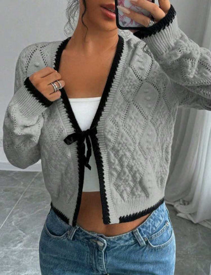 Cropped Knit Cardigan – V-Neck Bow Front Contrast Trim