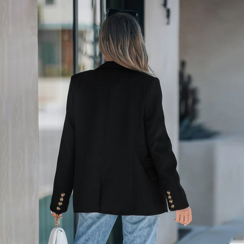 Double Breasted Blazer – Women's Black Slim Fit Gold Button Jacket