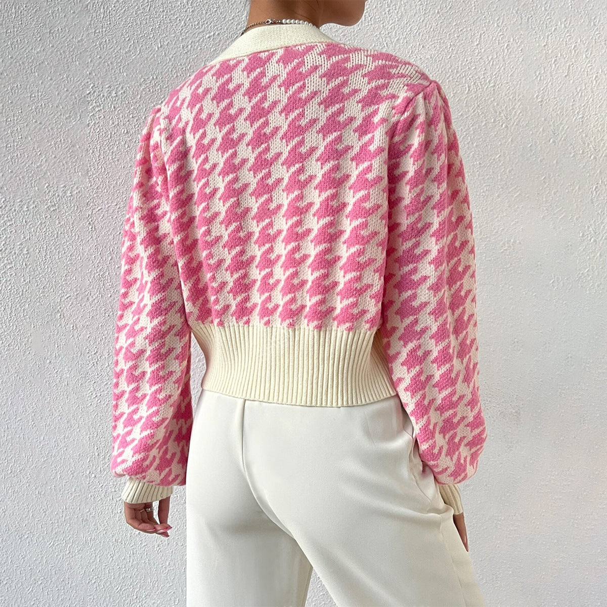 Houndstooth Cropped Cardigan – V-Neck Balloon Sleeve Knit