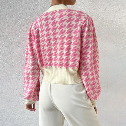 Houndstooth Cropped Cardigan – V-Neck Balloon Sleeve Knit