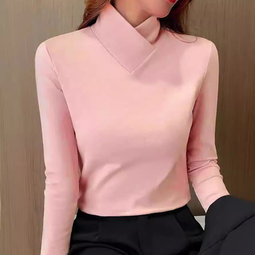 Slim Fit Turtleneck Long Sleeve Top – V-Neckline Stretch Layering Tee
