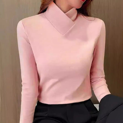 Slim Fit Turtleneck Long Sleeve Top – V-Neckline Stretch Layering Tee