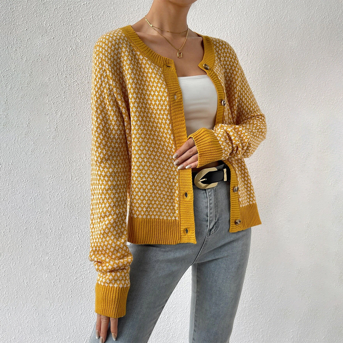 Houndstooth Knit Cardigan – Button-Front Long Sleeve Cropped Sweater