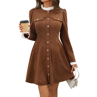 Corduroy Button-Front A-Line Mini Dress – Long Sleeve Ruffle Collar