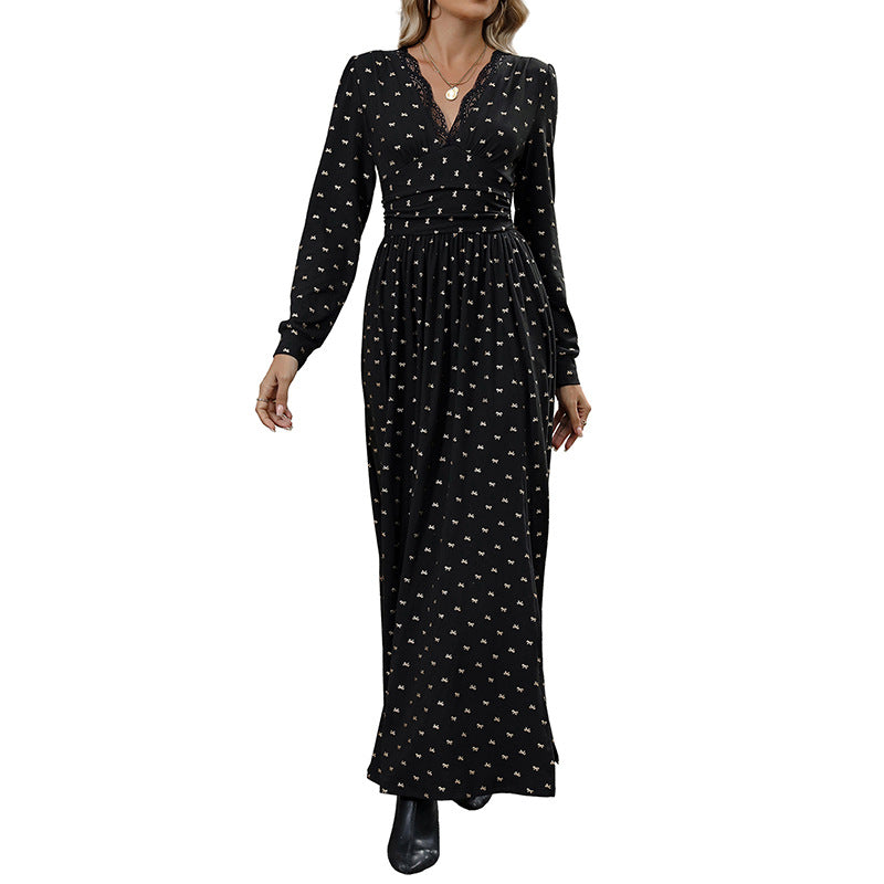 Long Sleeve Lace V-Neck Maxi Dress – Printed Wrap-Style A-Line