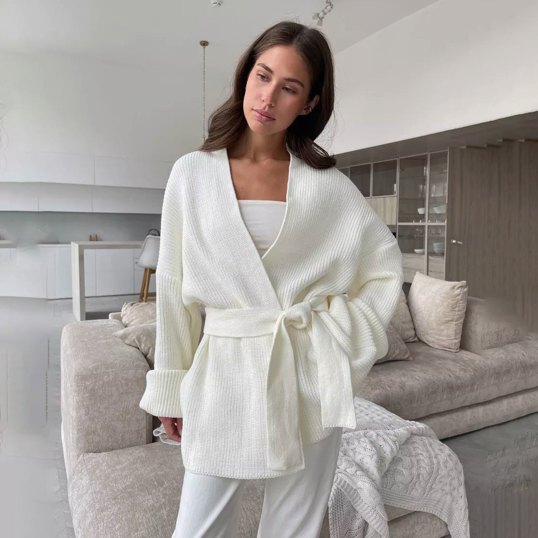 Ribbed Wrap Cardigan – Belted Knit Open-Front Sweater