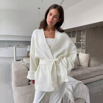 Ribbed Wrap Cardigan – Belted Knit Open-Front Sweater