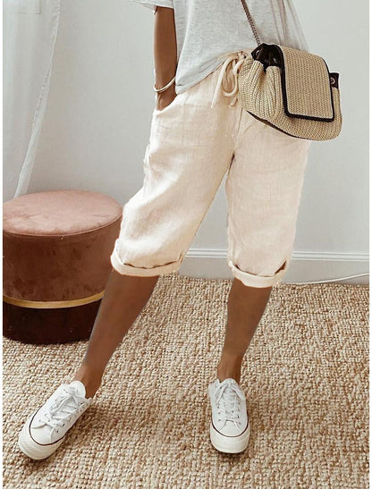 Cotton Linen Capri Pants – Wide Leg Drawstring Cuffed Summer