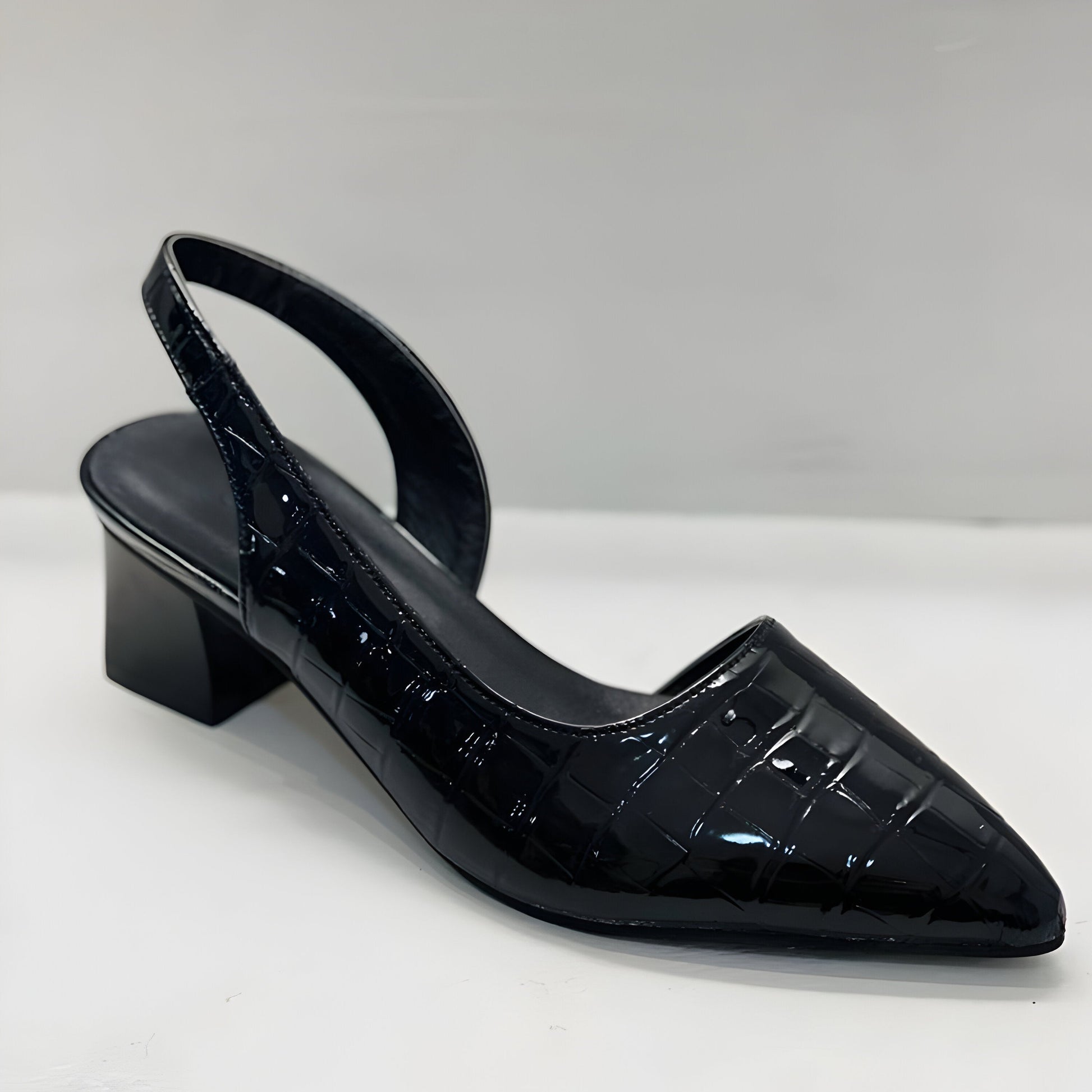 Croc Embossed Patent Slingback Heels – Pointed Toe Block Heel Pumps