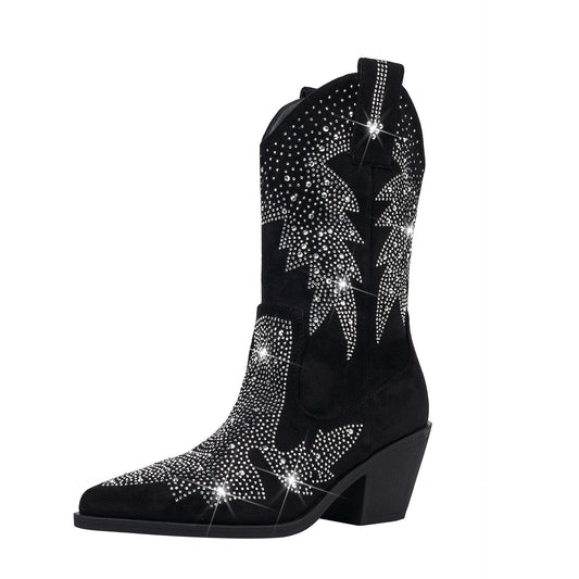 Rhinestone Cowboy Boots Women – Black Faux Suede Mid Calf Block Heel
