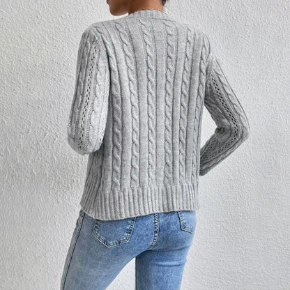 Cable Knit Cropped Cardigan – Button-Front Round Neck Long Sleeve