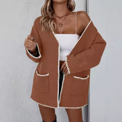 Open Front Knit Cardigan – Contrast Trim Long Sleeve with Pockets