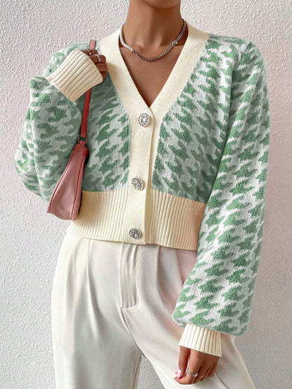 Houndstooth Cropped Cardigan – V-Neck Balloon Sleeve Knit