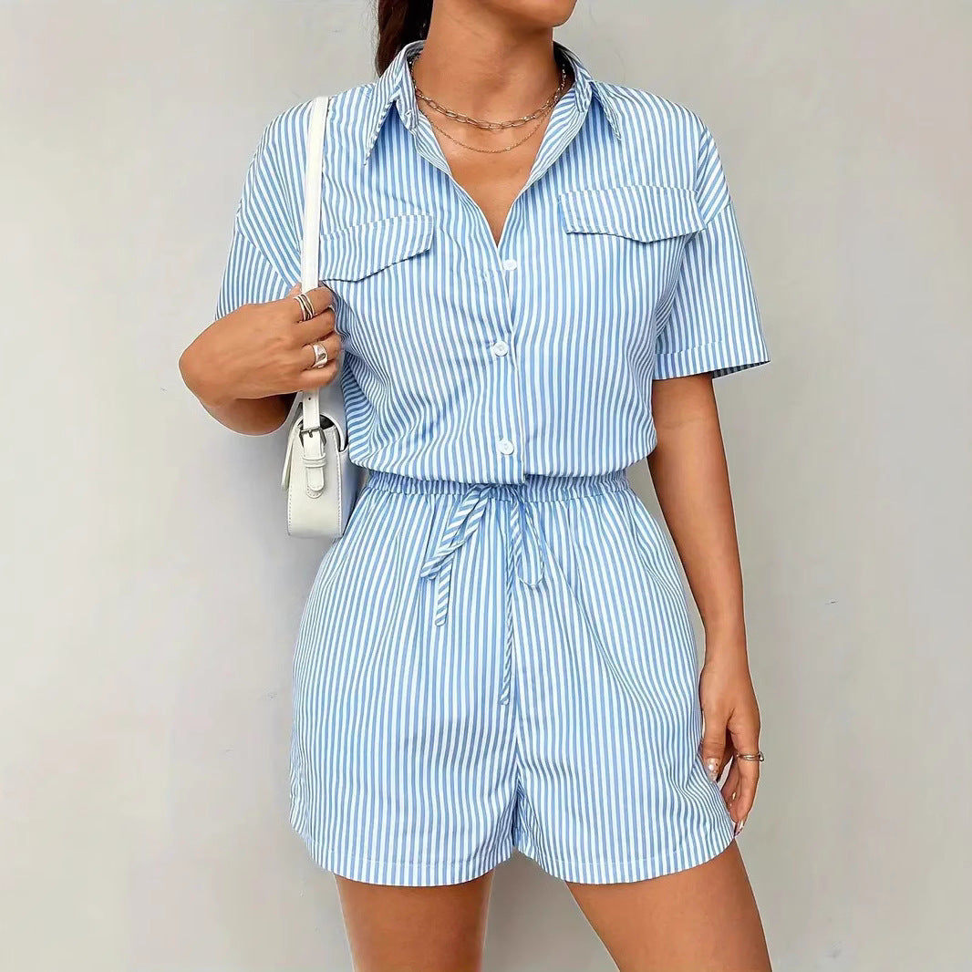 Striped Button-Front Short Sleeve Romper – Drawstring Waist Summer Playsuit