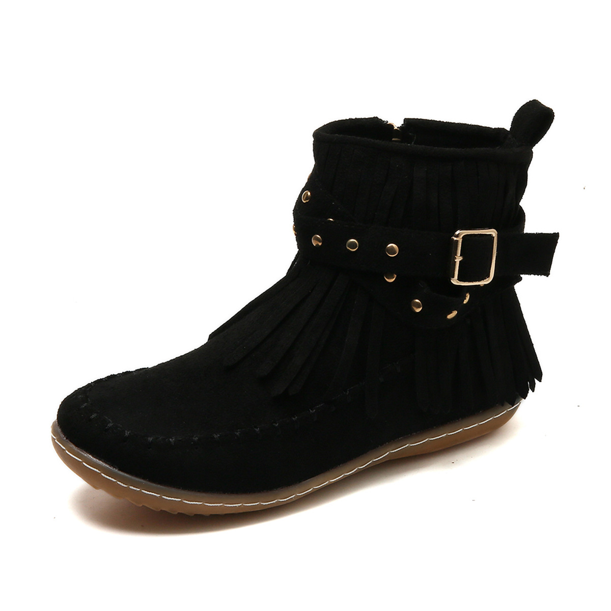 Suede Fringe Ankle Boots – Boho Moccasin Style Buckle Booties
