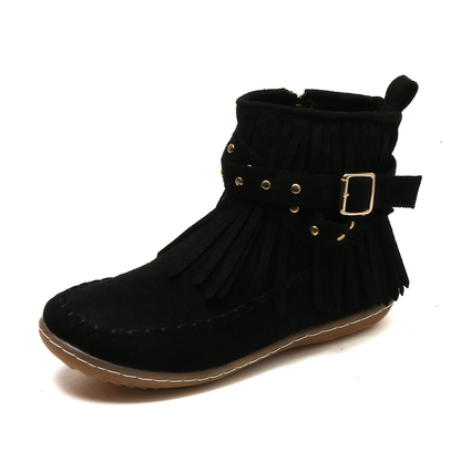 Suede Fringe Ankle Boots – Boho Moccasin Style Buckle Booties